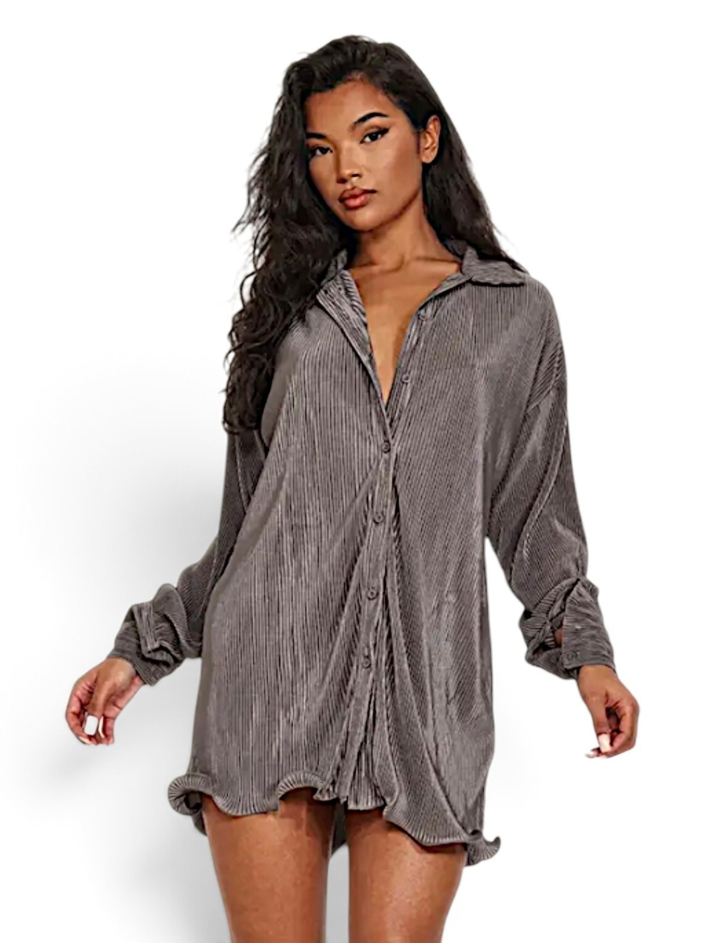 PrettyLittleThing Charcoal Plisse Frill Hem Shirt Dress US 10 UK 14 NWT